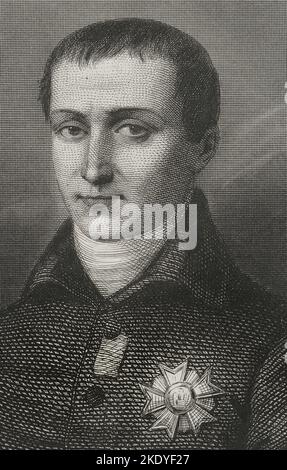 Joseph I. Bonaparte (1768-1844). König von Neapel (1806-1808) und König von Spanien (1808-1813). Älterer Bruder Napoleons I., der ihm den spanischen Thron verlieh, was den Aufstand vom 2. Mai 1808 verursachte. Hochformat. Gravur von Geoffroy. Details. „Historia Universal“, von César Cantú. Band VI. 1857. Stockfoto