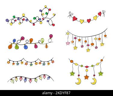 Eine Reihe von bunten festlichen Girlanden, Vektor-Illustration Doodle. Stock Vektor