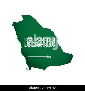 Vektor-isolierte Illustration. Offizielle Fähnrich von Saudi-Arabien. Flagge auf Nationalkarte mit arabischem Text Shahada auf grünem Hintergrund. Kreatives Design Stock Vektor