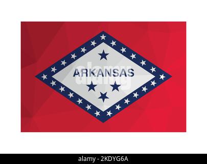 Vektorgrafik. Offizieller Fähnrich von Arkansas (USA). Nationalflagge mit Namen der Staatssterne auf rotem Hintergrund. Kreatives Design im polygonalen Stil Stock Vektor
