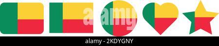 Eine digitale Illustration der Benin-Flagge in verschiedenen Symbolformen wie Herz und Stern Stock Vektor