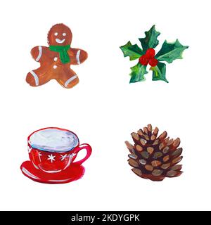 Set von Rour weihnachtsobjekten. Kegel, Becher, Beere und Keks. Handbemalte Urlaubselemente. Stockfoto