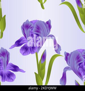 Nahtlose Textur Blume violette Iris mit Blättern farbige Skizze isoliert auf einem blauen Hintergrund vintage Vektor Illustration editierbar von Hand gezeichnet Stock Vektor