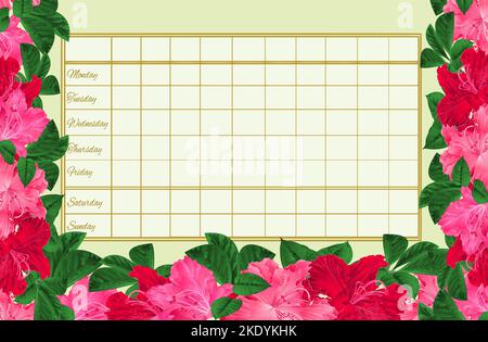 Zeitplan Wochenplan mit blühenden rosa und roten Blumen Rhododendren vintage Vektor Illustration editierbare Handzeichnungen Stock Vektor