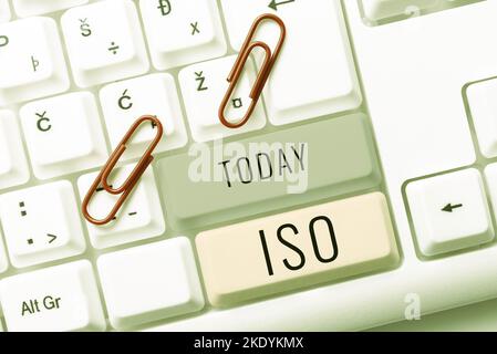 Textschild mit ISO, Word für internationales Standardsetzungs-Design, um die Dienstleistungen von Produkten zu verbessern Stockfoto