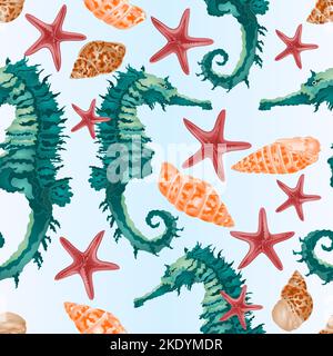 Nahtlose Textur Melierte Muscheln Seepferd und Seesterne marine Leben vintage Vektor Illustration editierbare Hand zeichnen Stock Vektor
