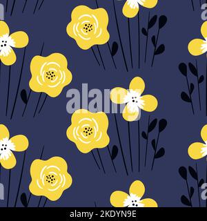 Nahtloses Blumenmuster basierend auf traditionellen Volkskunst-Ornamenten. Kunst Blumen auf farbigem Hintergrund. Skandinavischer Stil. Schwedischer nordischer Stil. Vektor Stock Vektor