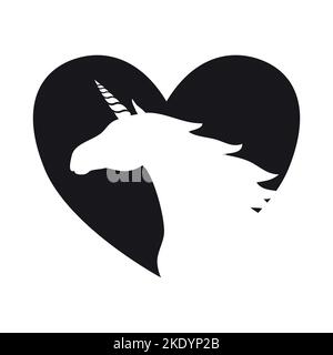 Vektor Hand gezeichnet flachen Einhorn Kopf Silhouette im Herzen isoliert auf weißem Hintergrund Stock Vektor