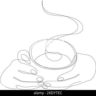 Kontinuierliche Linienzeichnung der Hände, die eine Tasse heißen Kaffee halten. Minimalistischer Stil eine Linie Kunst Vektor Illustration Stock Vektor