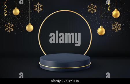 schwarzes 3D-Podium für Weihnachten auf schwarzem Hintergrund. Realistischer schwarzer Sockel im Weihnachtshintergrund. Stock Vektor