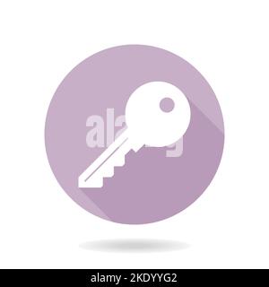 Violettes und weißes Vektorschlüsselsymbol im Kreis. Flaches Design und langer Schatten Stock Vektor