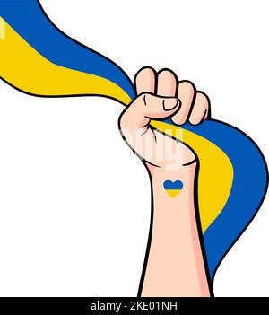 Save Ukraine Demonstration, Stop war friedliches Protestplakat. Menschliche Armfaust mit ukrainischer Flagge. Hintergrund-Vektor-Illustration mit Kopierraum der Hand heben. Stock Vektor