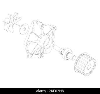 Wasserpumpenbaugruppe 3D in Schwarz und Weiß Stockfoto