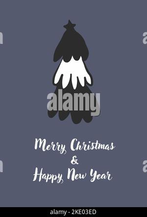 Frohe Weihnachten und Frohes neues Jahr. Scandy niedliche Illustration eines festlichen Weihnachtsbaums, Zeichnungen für Karte, Poster oder Hintergrund Stockfoto