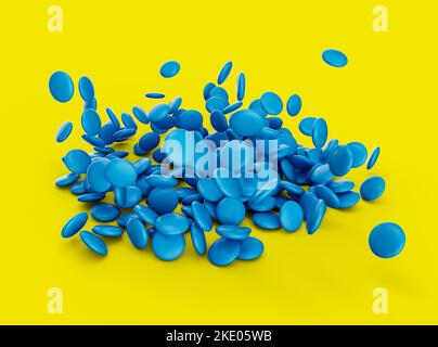 Ein 3D Rendering von blauen Süßigkeiten beschichtete Schokolade Knöpfe fallen auf gelbem Hintergrund Stockfoto