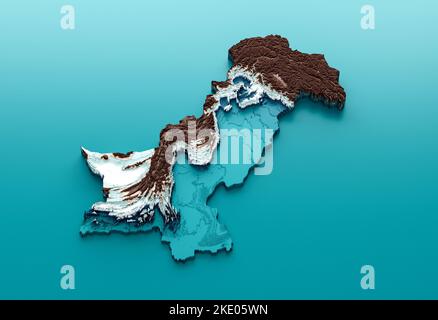 Eine Darstellung der Pakistan-Karte aus dem Jahr 3D hypsometric elevation tint spectral shaded relief map Stockfoto