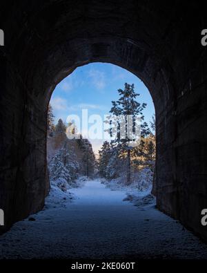 Verschneite Landschaft auf dem Bizz Johnson Trail in der Nähe von Susanville, Kalifornien, USA. Fotografiert aus einem alten Eisenbahntunnel zur Einrahmung. Stockfoto