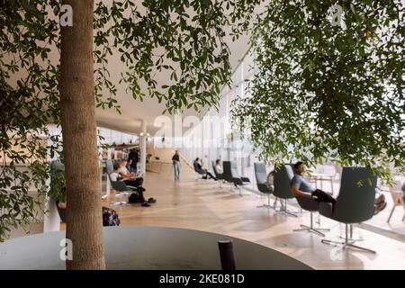 Helsinki, Finnland - 22. August 2022: Zentralbibliothek Von Helsinki Oodi. Lebendiger Treffpunkt mit einer Reihe von Dienstleistungen in modernem Design im Stadtzentrum. Innenansicht des Gebäudes mit Glasfenstern Stockfoto