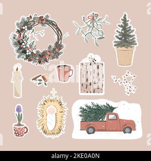Weihnachten Symbole Aufkleber-Set. Pick-up-Truck mit Weihnachtsbaum, Geschenkbox, Lichter, Mistel, Topfbaum, Weihnachtskranz, heißes Getränk und neugeborener Jesus Stock Vektor