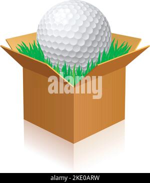 Golfball auf grünem Gras in einer Karton-Box Stock Vektor