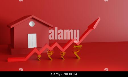 Rotes Haus mit rotem Pfeil Konzeptdesign für Inflation in der Wohnungswirtschaft 3D Render, 3D Hintergrunddesign für Inflation und Erhöhung der Rate in get Loan Stockfoto