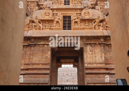 Der Eingang des tausendjährigen Tanjore Brihatiyavarar-Tempels. Stockfoto