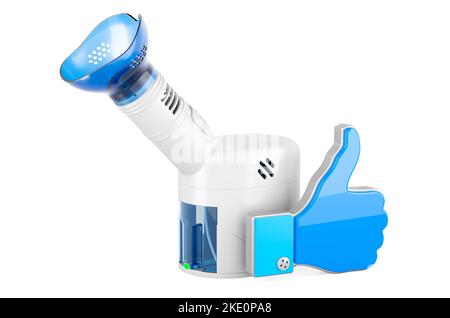 Gesichtsdampfer, Dampfeintopf, persönlicher Befeuchter, Dampfgarer oder Vocal Steamer mit „Gefällt mir“-Symbol. 3D Darstellung isoliert auf weißem Hintergrund Stockfoto