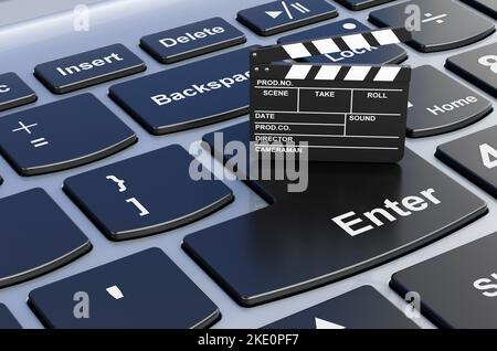 Klapperboard auf Computertastatur, 3D Rendering Stockfoto