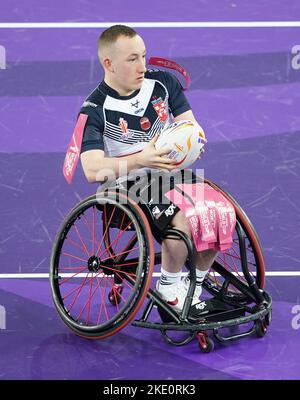 Der Engländer Nathan Collins während des Wheelchair Rugby League World Cup-Spiels der Gruppe A in der Copper Box Arena in London. Bilddatum: Mittwoch, 9. November 2022. Stockfoto