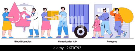 Blutspende, humanitäre Hilfe, Flüchtlingskonzept mit Menschen-Charakteren. Abstraktes Vektor-Illustrationspaket für freiwillige medizinische Helfer. Wohltätigkeitsakt Stock Vektor