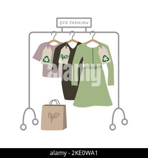 Nachhaltiges Modegeschäft. Ökologische Kleidung hängt auf dem Regal. Stock Vektor