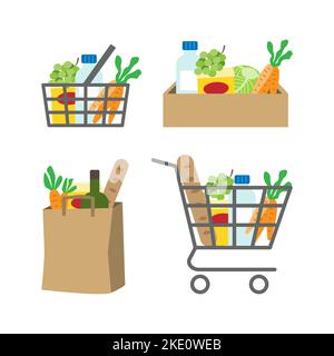 Lebensmittelgeschäft. Lebensmitteleinkauf in Warenkorb, Korb, Karton und Papiertüte. Stock Vektor