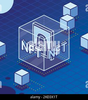 Isometrischer NFT. Kunstwerk im Inneren des transparenten Würfels. Blockchain-Technologie. Vektorgrafik. Blöcke mit Informationen. Stock Vektor