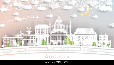 Augusta Maine City Skyline im Paper Cut Stil mit Schneeflocken, Mond und Neon Girlande. Vektorgrafik. Weihnachts- und Neujahrskonzept. Stock Vektor