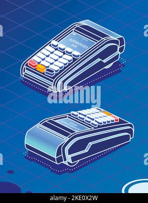 Isometrisches POS-Terminal auf blauem Hintergrund. Zahlungsmaschine. Sichere kontaktlose NFC-Zahlung. Vektorgrafik. Online-Kasse. Stock Vektor