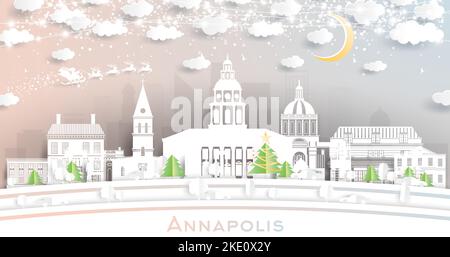 Annapolis Maryland City Skyline in Paper Cut Style mit Schneeflocken, Mond und Neon Girlande. Vektorgrafik. Weihnachts- und Neujahrskonzept. Stock Vektor