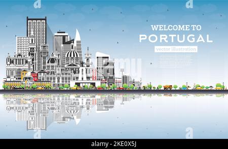 Willkommen in Portugal. Skyline der Stadt mit grauen Gebäuden, blauem Himmel und Reflexionen. Vektorgrafik. Moderne und historische Architektur. Stock Vektor