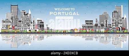 Willkommen in Portugal. Skyline der Stadt mit grauen Gebäuden, blauem Himmel und Reflexionen. Vektorgrafik. Moderne und historische Architektur. Stock Vektor