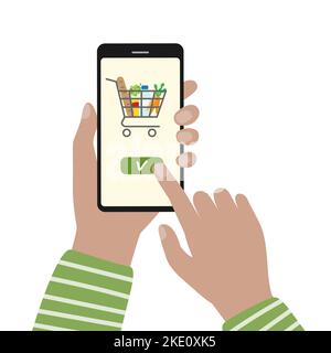 Lebensmitteleinkäufe online. Bestellung von Lebensmitteln mit dem Smartphone. Stock Vektor