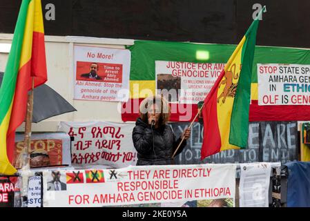 Abiy Ahmed protestiert in Whitehall, Westminster, London, Großbritannien. Stoppt den Völkermord an den Amhara-Völkern, Äthiopien. Stockfoto