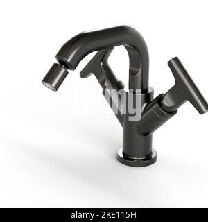Ein 3D Render eines schwarzen Wasserhahns, isoliert auf einem weißen Hintergrund Stockfoto