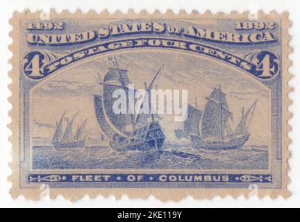 USA - 1893: Eine 4 Cent ultramarine Briefmarke, die die Flotte von Columbus zeigt, kolumbianische Ausgabe. Die Weltausstellung von 1893 in Kolumbien gedachte des 400.. Jahrestages der Landung von Christoph Kolumbus in Amerika. Die Briefmarken waren interessant und attraktiv und sollten nicht nur Briefmarken-Sammler ansprechen, sondern auch Historiker, Künstler und natürlich das breite Publikum, das sie aufgrund der Fanfare der kolumbianischen Ausstellung der Weltausstellung von 1892 in Chicago, Illinois, in Rekordzahlen gekauft hat Stockfoto