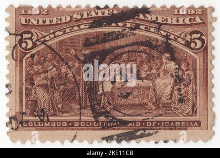 USA - 1893: Eine 5 Cent Schokoladenpostmarke, auf der die Szene Kolumbus um Hilfe von Isabella, kolumbianische Ausgabe, abgebildet ist. Die Weltausstellung von 1893 in Kolumbien gedachte des 400.. Jahrestages der Landung von Christoph Kolumbus in Amerika. Die Briefmarken waren interessant und attraktiv und sollten nicht nur Briefmarken-Sammler ansprechen, sondern auch Historiker, Künstler und natürlich das breite Publikum, das sie aufgrund der Fanfare der kolumbianischen Ausstellung der Weltausstellung von 1892 in Chicago, Illinois, in Rekordzahlen gekauft hat Stockfoto