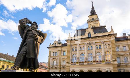 Stadtzentrum von Novi Sad, Serbien (das Denkmal von Svetozar Miletic und das Stadthaus) Stockfoto