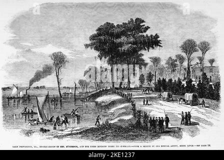 Lake Providence, Louisiana, Hauptquartier von General James Birdseye McPherson und der Union Division unter seinem Kommando. März 1863. Illustration des amerikanischen Bürgerkriegs des 19.. Jahrhunderts aus Frank Leslie's Illustrated Newspaper Stockfoto