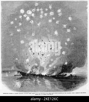 Zerstörung des US-Dampfschiffes Mississippi, Samstagabend, 14.. März 1863, im Mississippi River, unterhalb von Port Hudson - Explosion der Zeitschrift. Illustration des amerikanischen Bürgerkriegs des 19.. Jahrhunderts aus Frank Leslie's Illustrated Newspaper Stockfoto