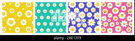 Daisy-Muster. Nahtloser Druck von bunten Kamillenblumen, abstrakte botanische Blumen vintage einfachen Hintergrund für die Verpackung Papier Stoff. Vektor-Textur Satz von Blumen Tapete Illustration Stock Vektor