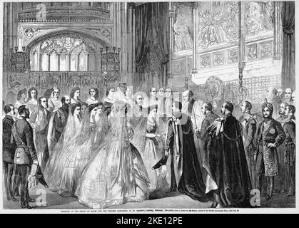 Hochzeit von Albert Edward, Prinz von Wales, und Prinzessin Alexandra in der St. George's Chapel, Windsor Castle, England, 10.. März 1863. 19.. Jahrhundert Illustration aus Frank Leslie's Illustrated Newspaper Stockfoto