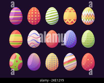 Bunte ostereier. Cartoon flache traditionelle Elemente mit dekorativer Textur für Weihnachtskarten-Design, Frühling Ostern Feier Konzept. Vektor-Set von ostern Frühling Urlaub Illustration Stock Vektor