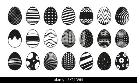 Ostereier schwarze Symbole. Abstrakte dekorative Elemente für traditionelle Frühlingsfeiertage, flache Doodle-Schablone-Eghunting-Dekoration. Vektor-Set von Frühling ostereier Illustration Stock Vektor